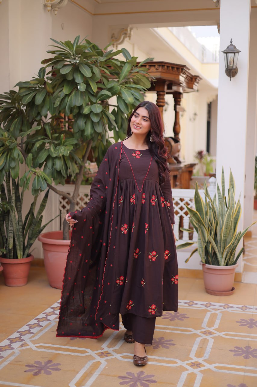 Brown Cotton Embroidered Kurti Pant Set ClothsVilla