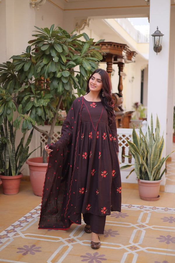 Brown Cotton Embroidered Kurti Pant Set ClothsVilla