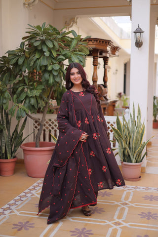 Brown Cotton Embroidered Kurti Pant Set ClothsVilla