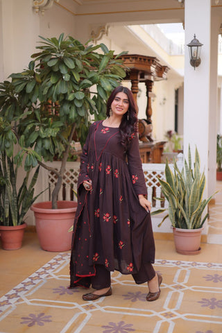 Brown Cotton Embroidered Kurti Pant Set ClothsVilla