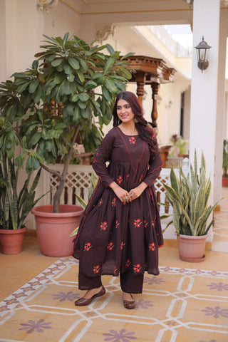 Brown Cotton Embroidered Kurti Pant Set ClothsVilla