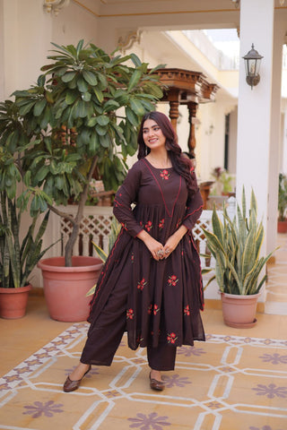 Brown Cotton Embroidered Kurti Pant Set ClothsVilla