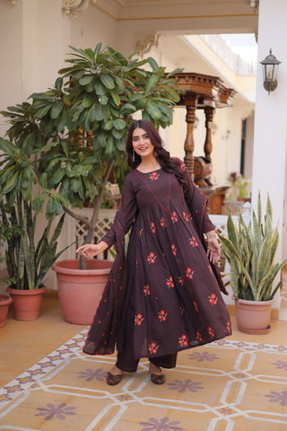 Brown Cotton Embroidered Kurti Pant Set ClothsVilla