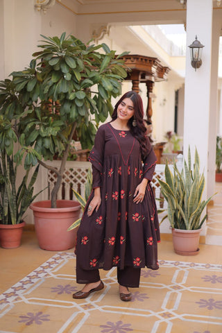 Brown Cotton Embroidered Kurti Pant Set ClothsVilla