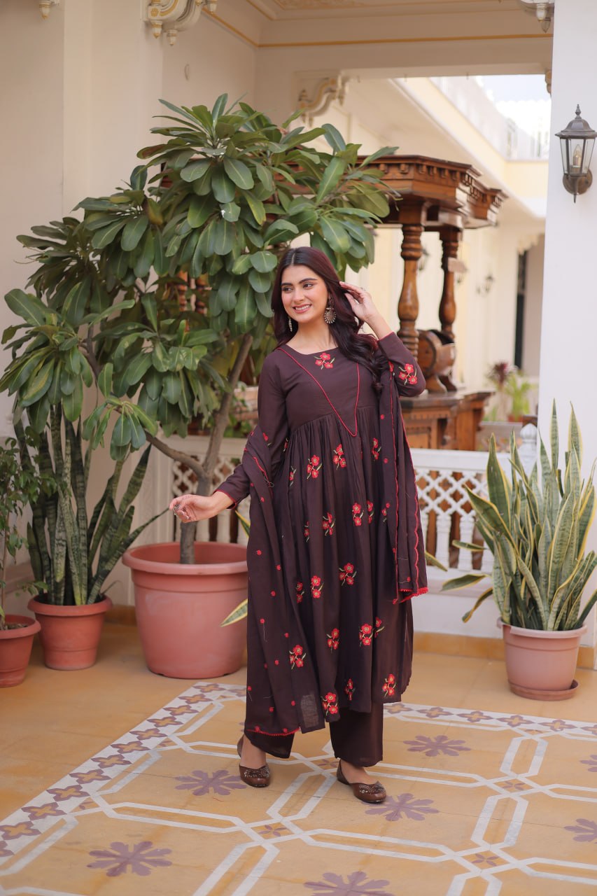 Brown Cotton Embroidered Kurti Pant Set ClothsVilla