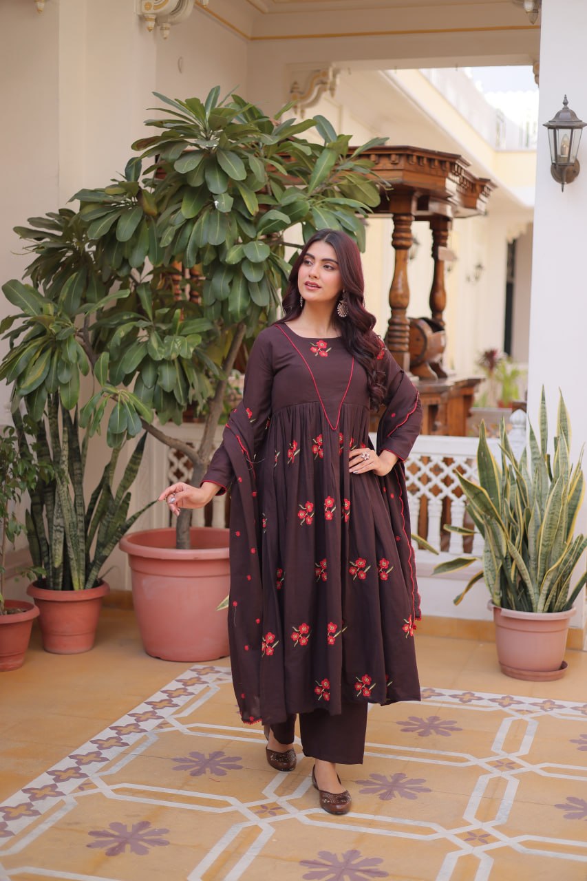 Brown Cotton Embroidered Kurti Pant Set ClothsVilla