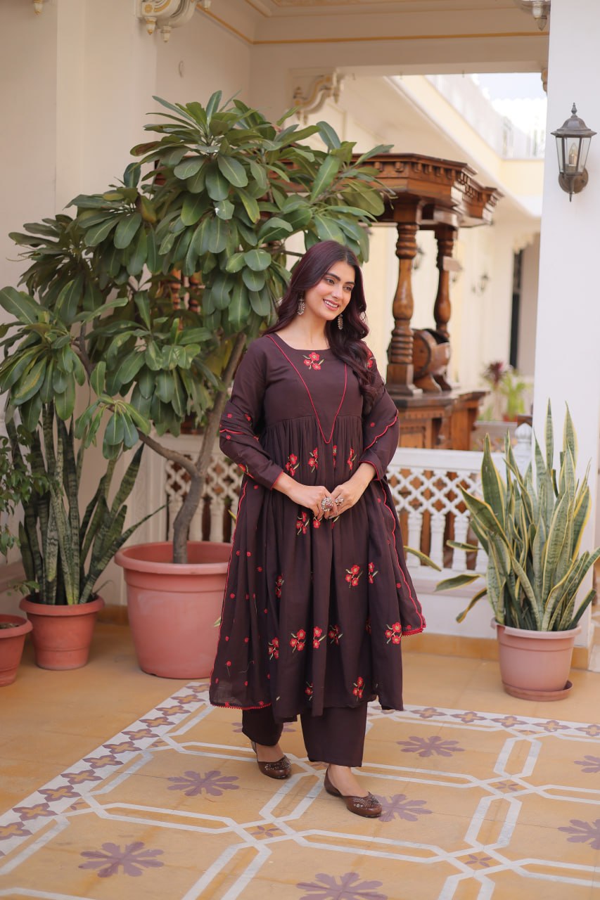 Brown Cotton Embroidered Kurti Pant Set ClothsVilla
