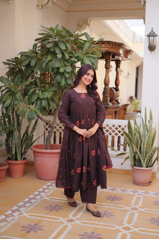 Brown Cotton Embroidered Kurti Pant Set ClothsVilla