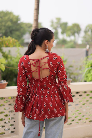 Brown Cotton Printed Top with Kutchi Patchwork & Dori Closure – Stitched ClothsVilla