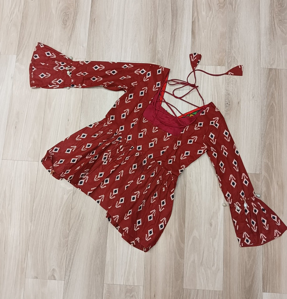 Brown Cotton Printed Top with Kutchi Patchwork & Dori Closure – Stitched ClothsVilla