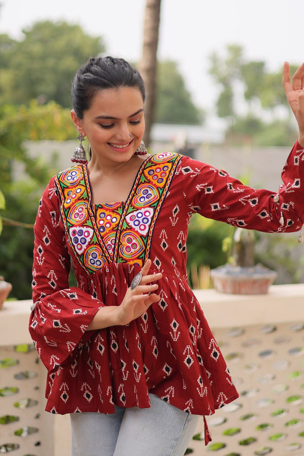 Brown Cotton Printed Top with Kutchi Patchwork & Dori Closure – Stitched ClothsVilla