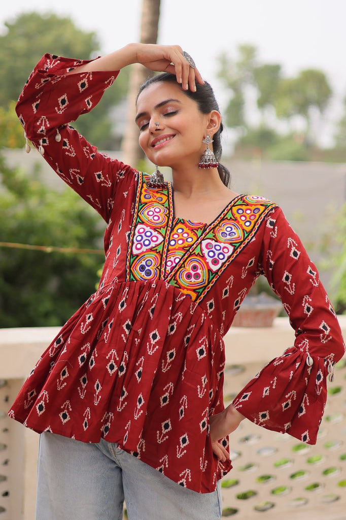 Brown Cotton Printed Top with Kutchi Patchwork & Dori Closure – Stitched ClothsVilla