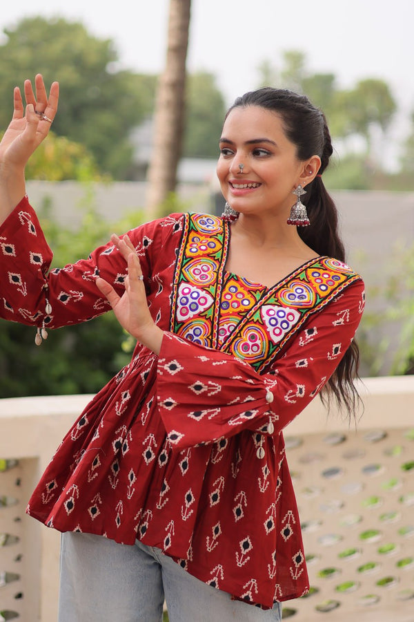 Brown Cotton Printed Top with Kutchi Patchwork & Dori Closure – Stitched ClothsVilla