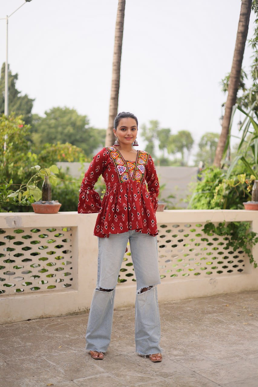 Brown Cotton Printed Top with Kutchi Patchwork & Dori Closure – Stitched ClothsVilla