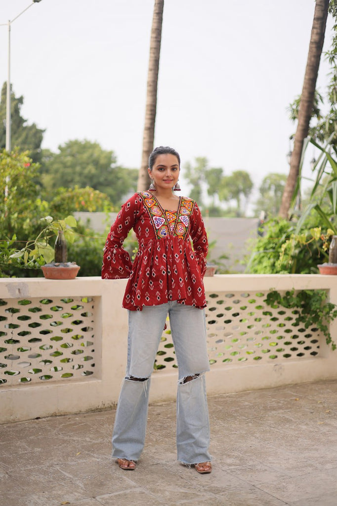 Brown Cotton Printed Top with Kutchi Patchwork & Dori Closure – Stitched ClothsVilla