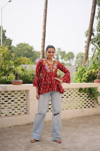 Brown Cotton Printed Top with Kutchi Patchwork & Dori Closure – Stitched ClothsVilla