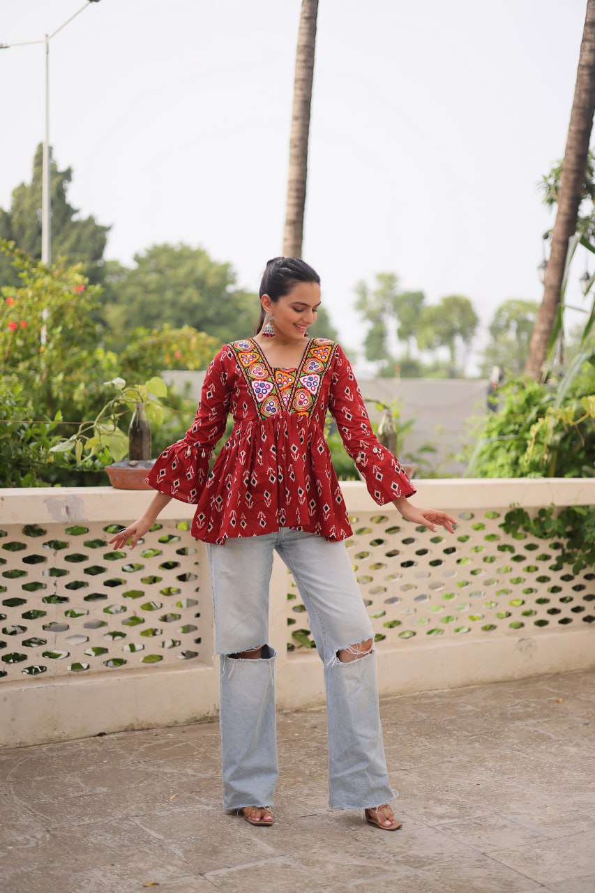 Brown Cotton Printed Top with Kutchi Patchwork & Dori Closure – Stitched ClothsVilla
