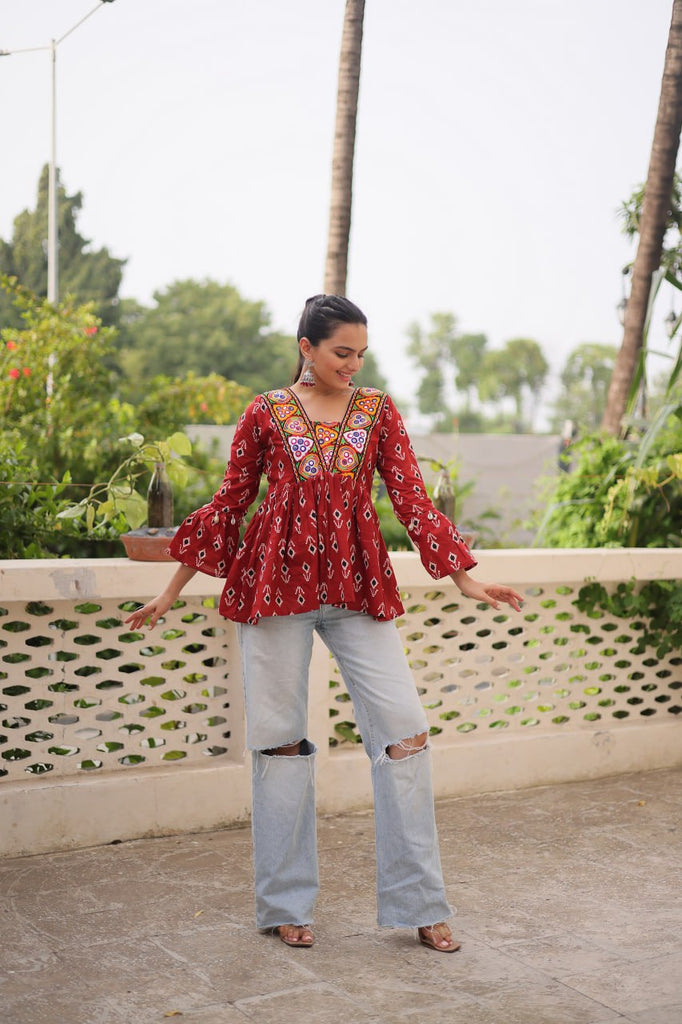 Brown Cotton Printed Top with Kutchi Patchwork & Dori Closure – Stitched ClothsVilla