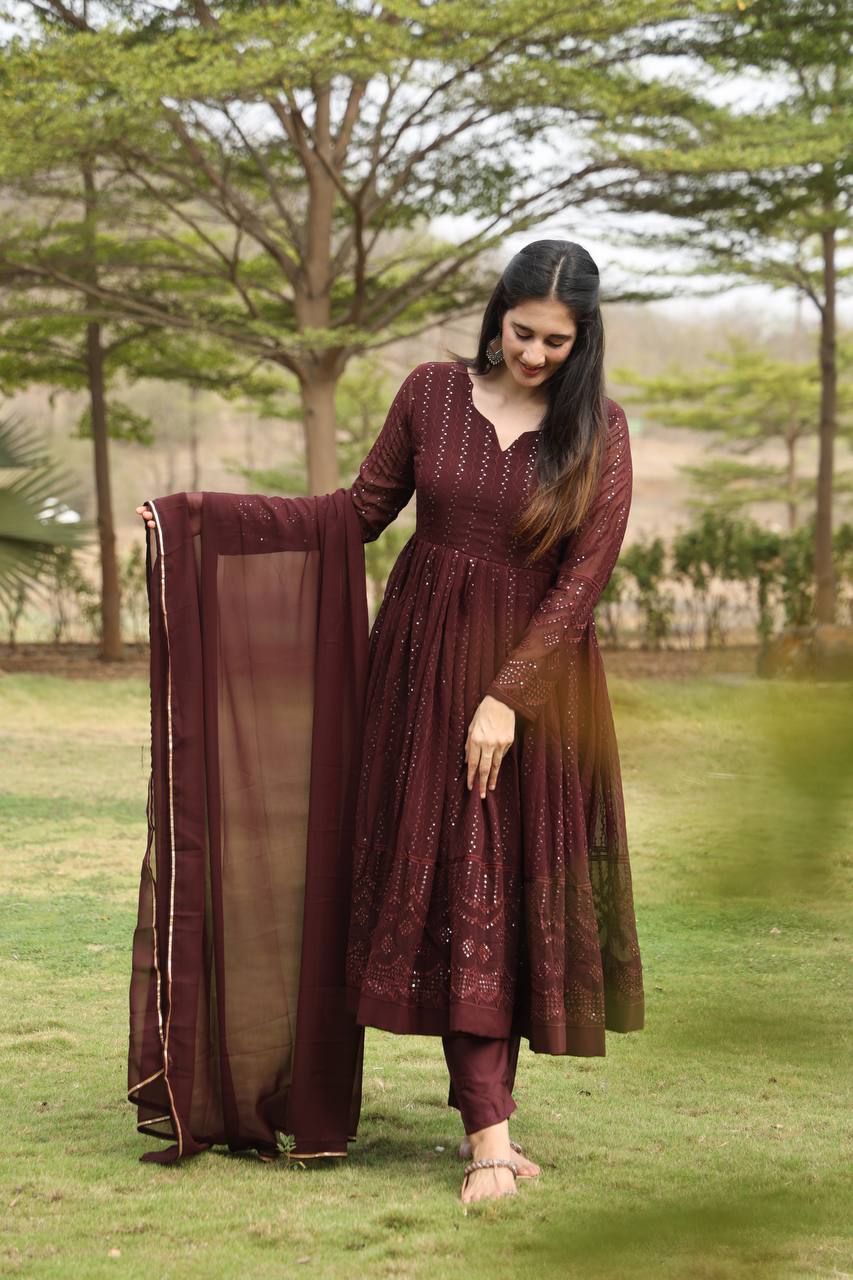 Brown Designer Georgette Anarkali Suit with 3mm Sequins Embroidery & 3.5+ Meter Flair ClothsVilla