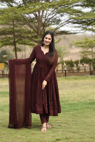 Brown Designer Georgette Anarkali Suit with 3mm Sequins Embroidery & 3.5+ Meter Flair ClothsVilla