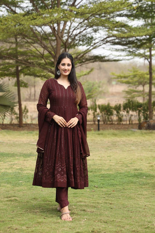 Brown Designer Georgette Anarkali Suit with 3mm Sequins Embroidery & 3.5+ Meter Flair ClothsVilla