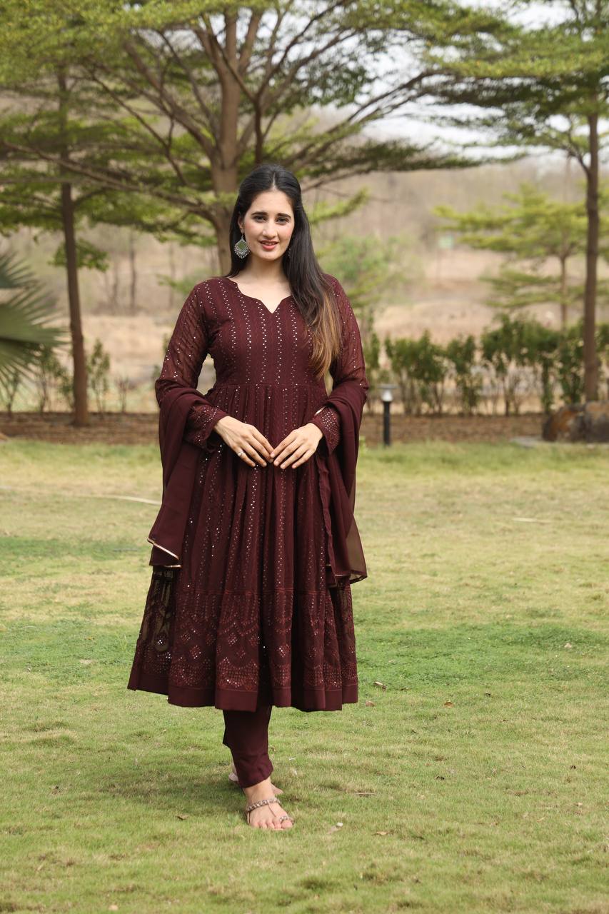Brown Designer Georgette Anarkali Suit with 3mm Sequins Embroidery & 3.5+ Meter Flair ClothsVilla