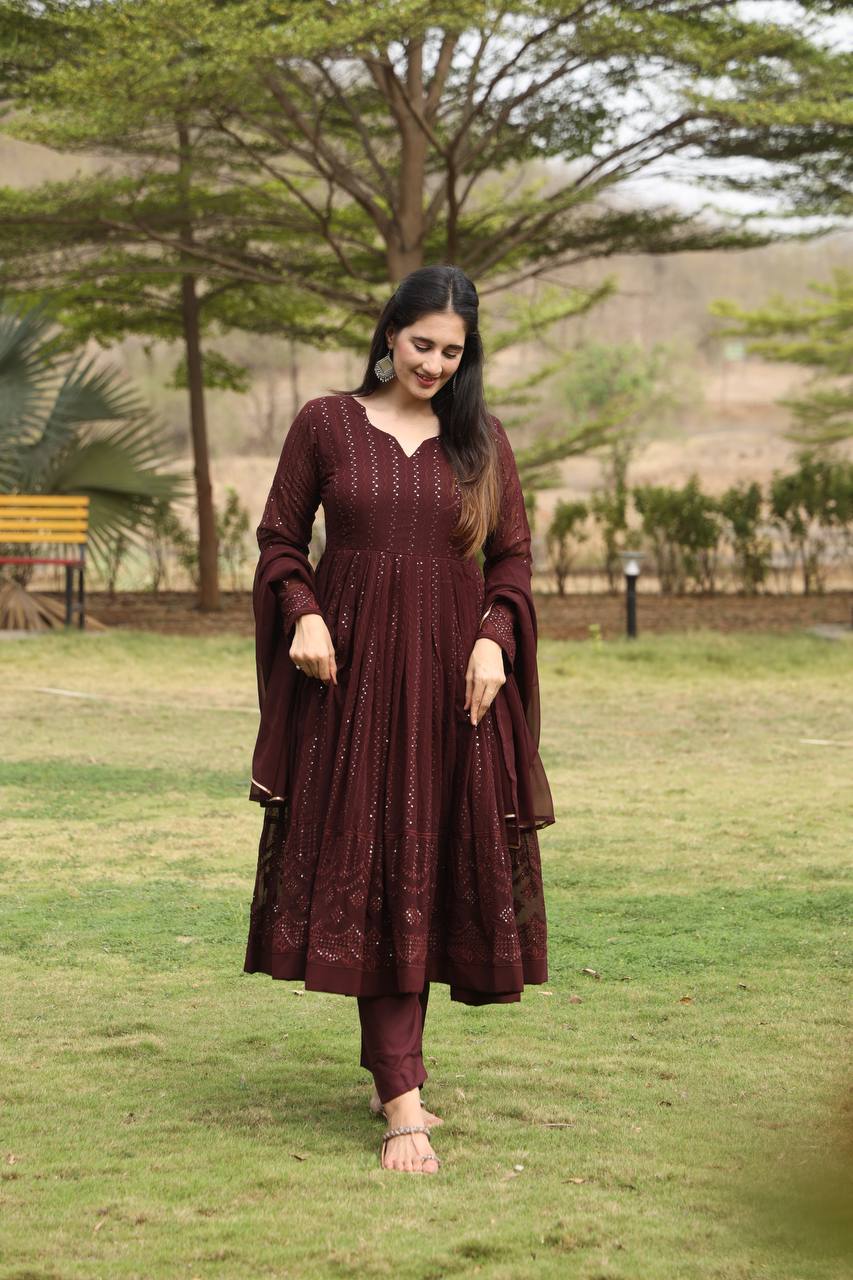 Brown Designer Georgette Anarkali Suit with 3mm Sequins Embroidery & 3.5+ Meter Flair ClothsVilla