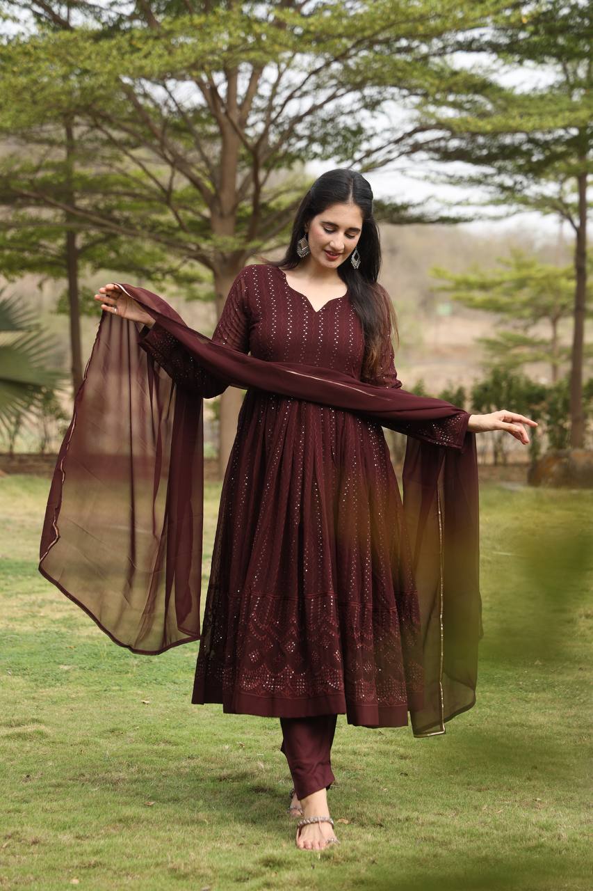 Brown Designer Georgette Anarkali Suit with 3mm Sequins Embroidery & 3.5+ Meter Flair ClothsVilla