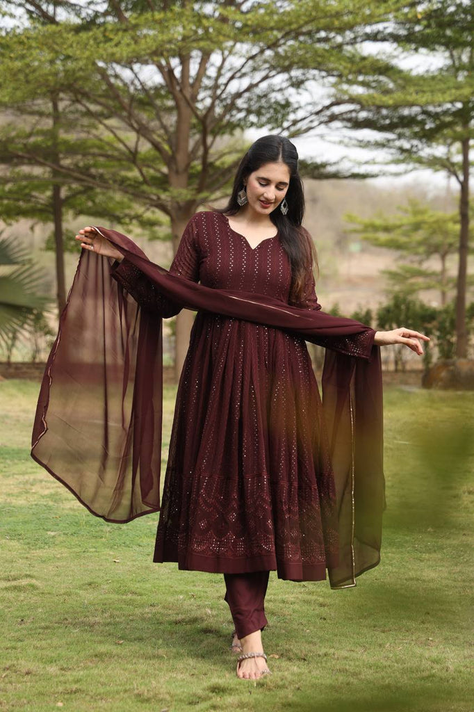 Brown Designer Georgette Anarkali Suit with 3mm Sequins Embroidery & 3.5+ Meter Flair ClothsVilla
