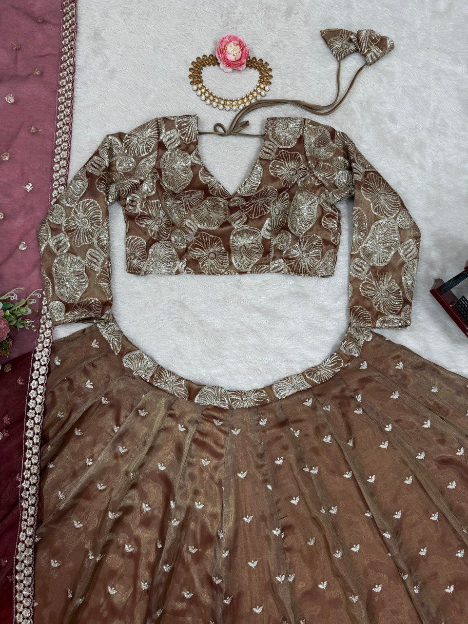 Brown Designer Jimi Choo Semi-Stitched Lehenga Choli Set with Butterfly Net Dupatta ClothsVilla