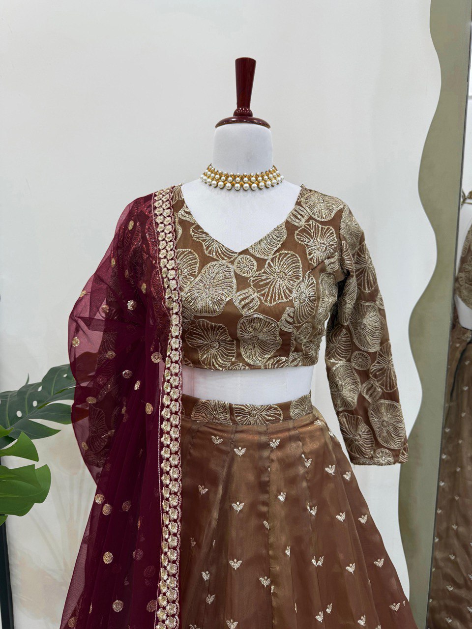 Brown Designer Jimi Choo Semi-Stitched Lehenga Choli Set with Butterfly Net Dupatta ClothsVilla