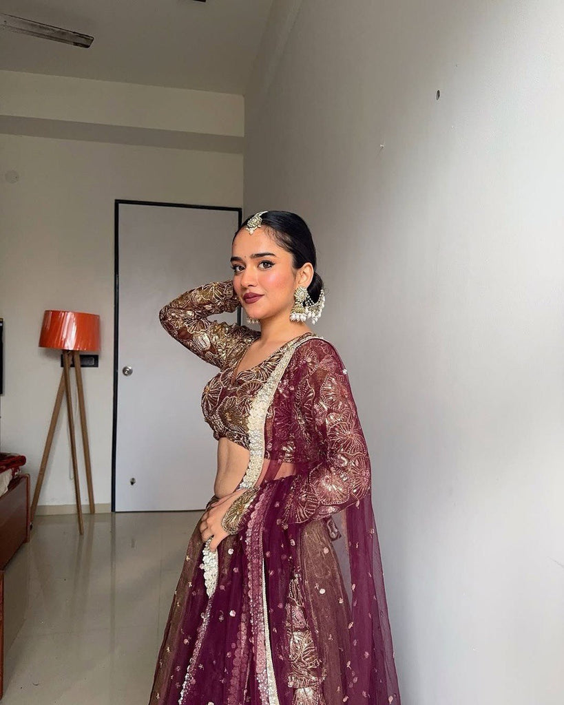 Brown Designer Jimi Choo Semi-Stitched Lehenga Choli Set with Butterfly Net Dupatta ClothsVilla