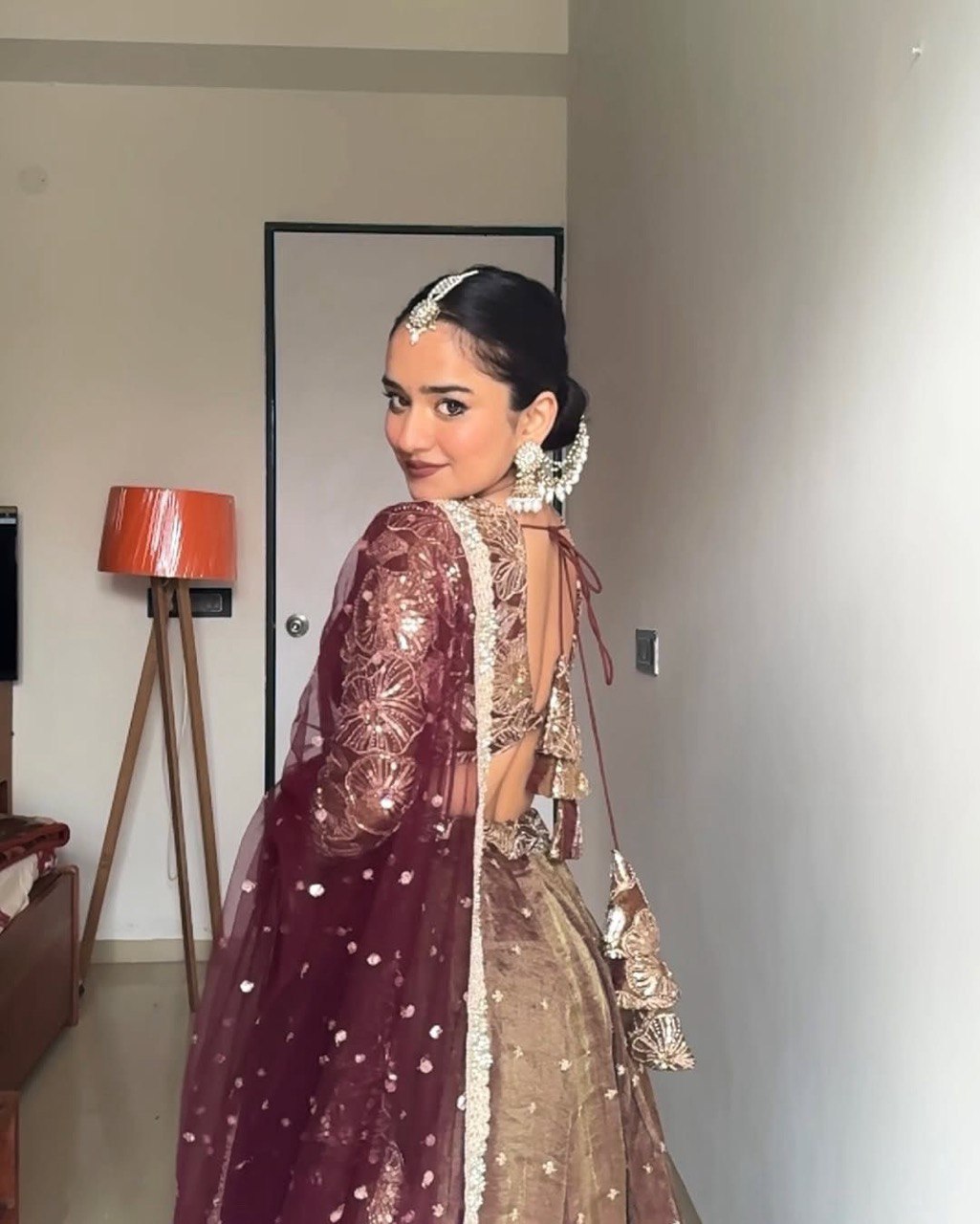 Brown Designer Jimi Choo Semi-Stitched Lehenga Choli Set with Butterfly Net Dupatta ClothsVilla