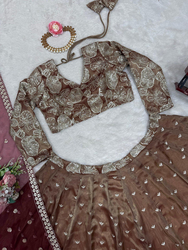 Brown Designer Jimi Choo Semi-Stitched Lehenga Choli Set with Butterfly Net Dupatta ClothsVilla