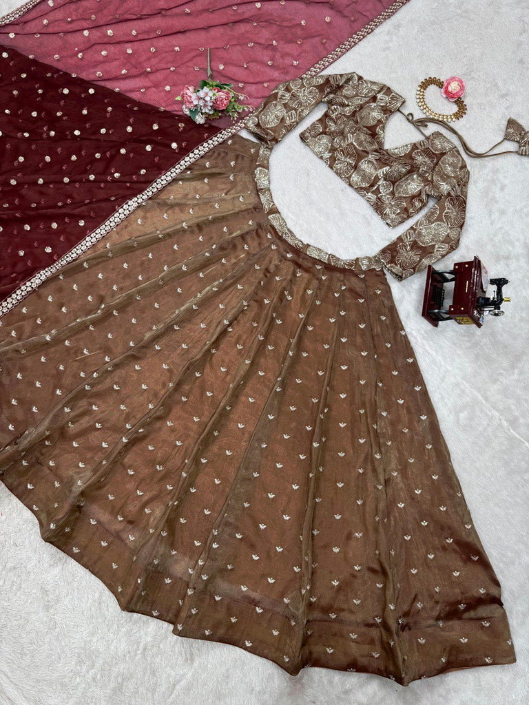 Brown Designer Jimi Choo Semi-Stitched Lehenga Choli Set with Butterfly Net Dupatta ClothsVilla