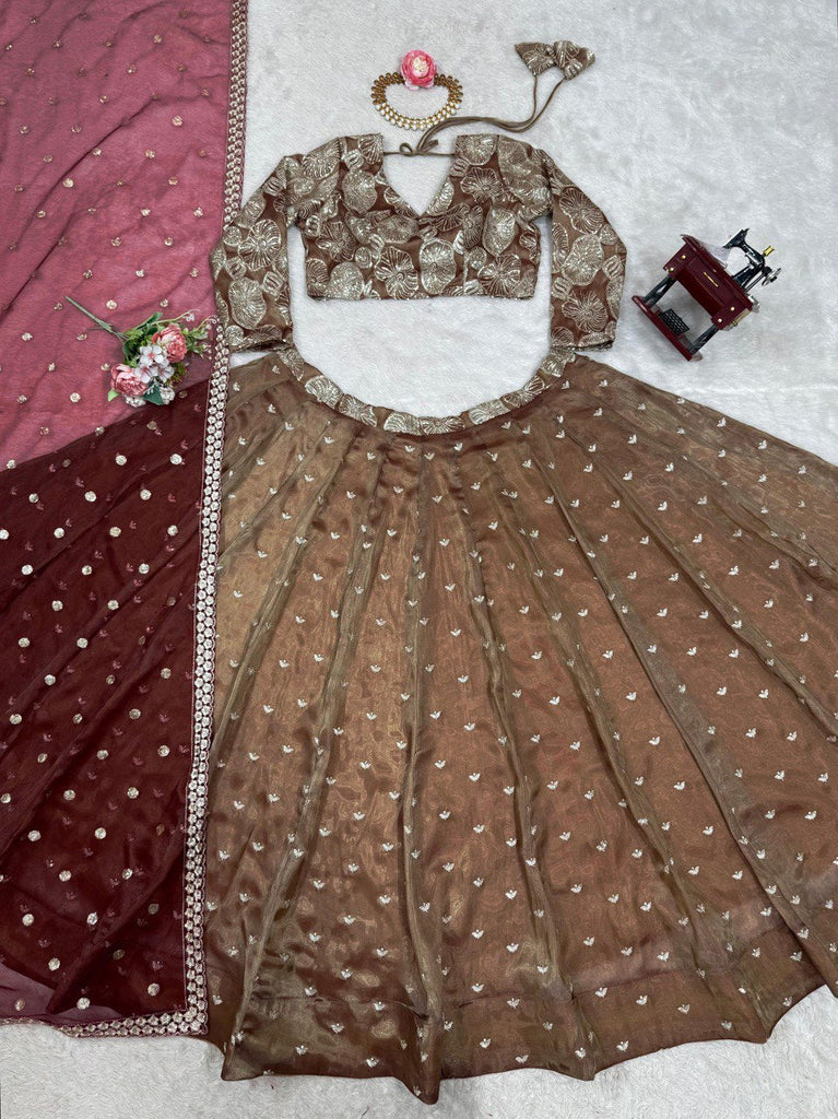Brown Designer Jimi Choo Semi-Stitched Lehenga Choli Set with Butterfly Net Dupatta ClothsVilla