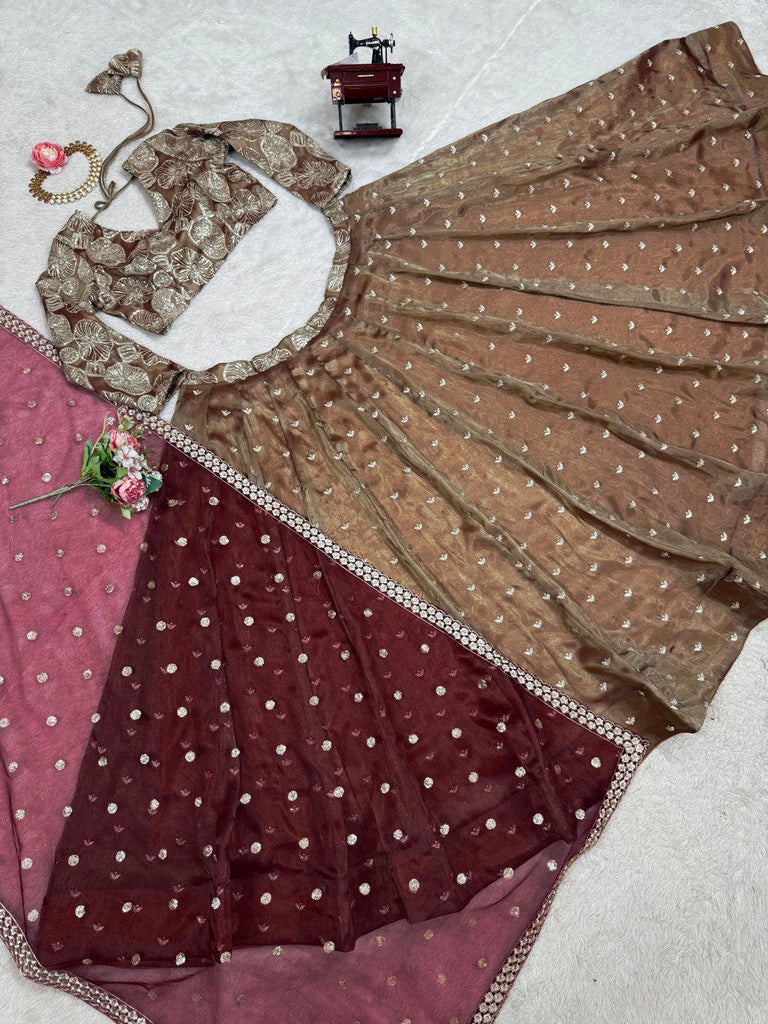 Brown Designer Jimi Choo Semi-Stitched Lehenga Choli Set with Butterfly Net Dupatta ClothsVilla