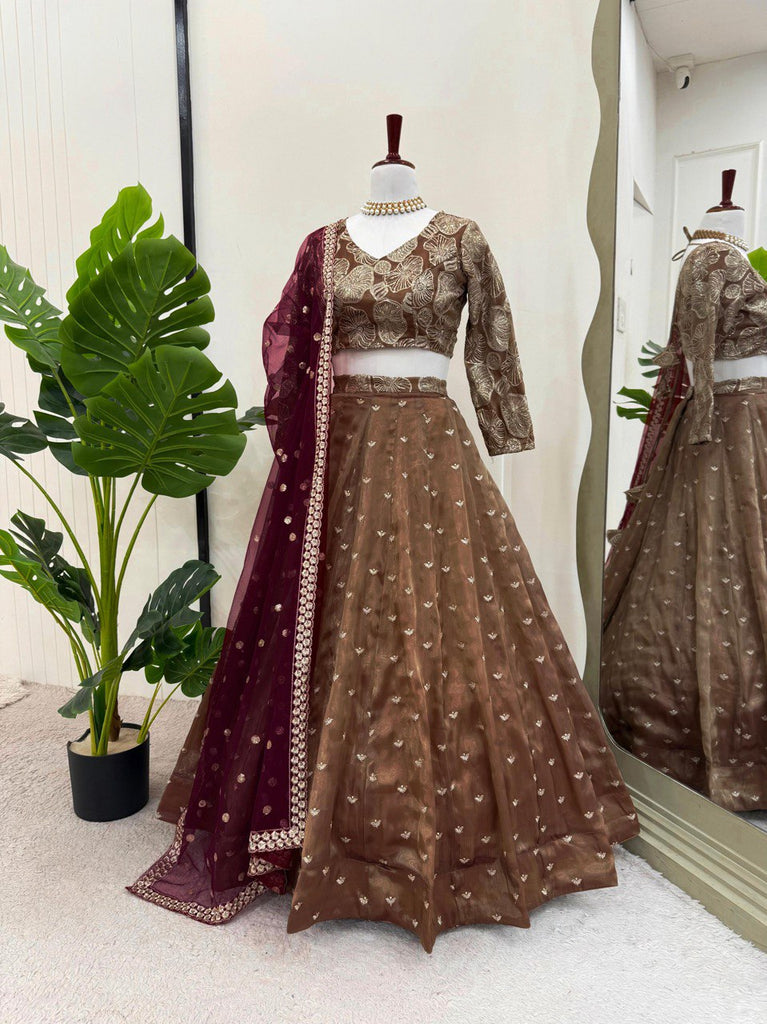 Brown Designer Jimi Choo Semi-Stitched Lehenga Choli Set with Butterfly Net Dupatta ClothsVilla