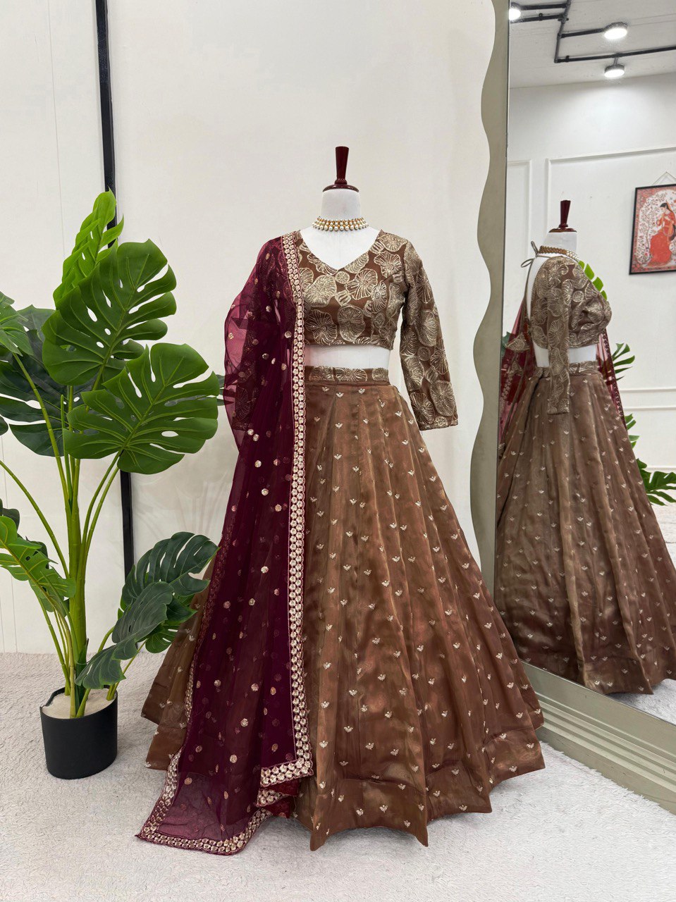Brown Designer Jimi Choo Semi-Stitched Lehenga Choli Set with Butterfly Net Dupatta ClothsVilla
