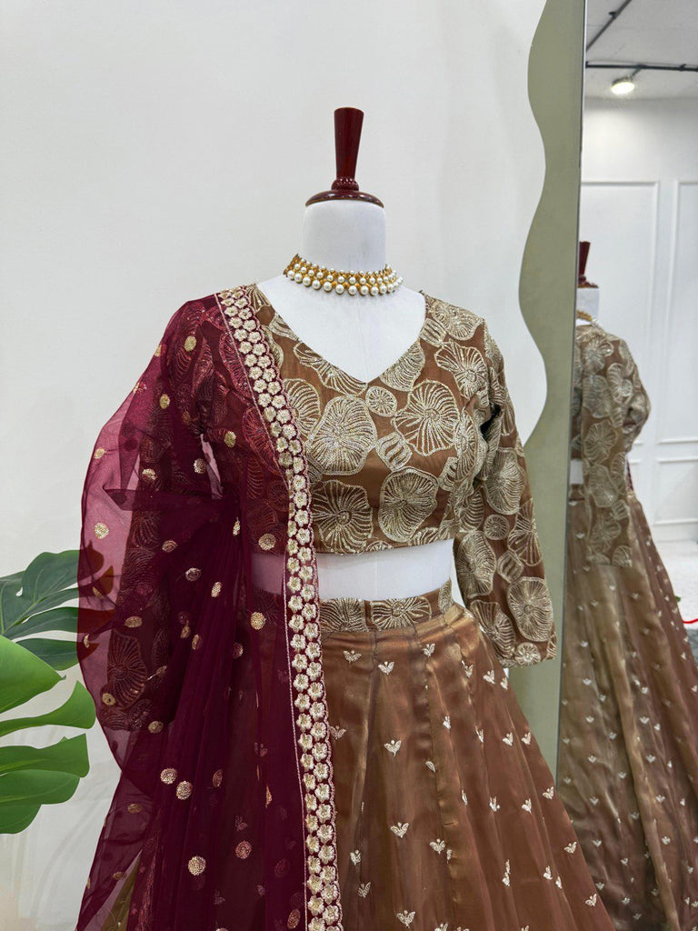 Brown Designer Jimi Choo Semi-Stitched Lehenga Choli Set with Butterfly Net Dupatta ClothsVilla