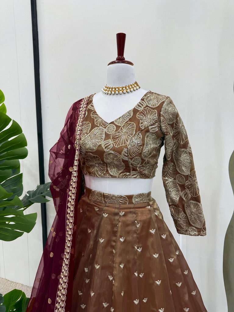 Brown Designer Jimi Choo Semi-Stitched Lehenga Choli Set with Butterfly Net Dupatta ClothsVilla