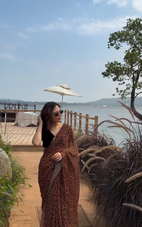 Brown Designer Printed Saree ClothsVilla Main image