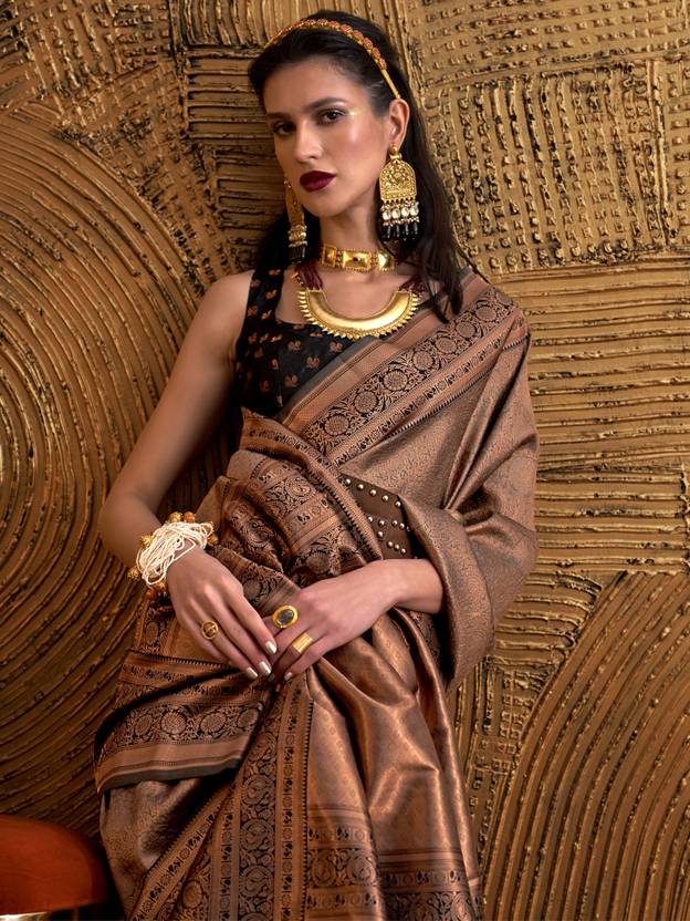 Brown Elegant Banarasi Silk Blend Woven Saree with Tassel Detailing ClothsVilla