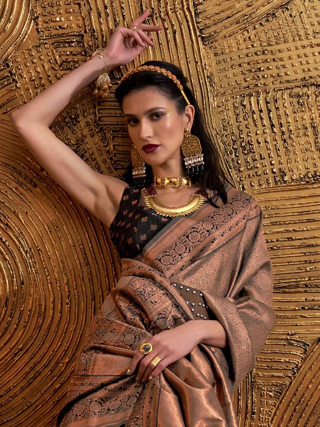 Brown Elegant Banarasi Silk Blend Woven Saree with Tassel Detailing ClothsVilla