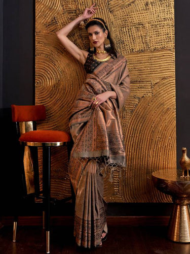 Brown Elegant Banarasi Silk Blend Woven Saree with Tassel Detailing ClothsVilla