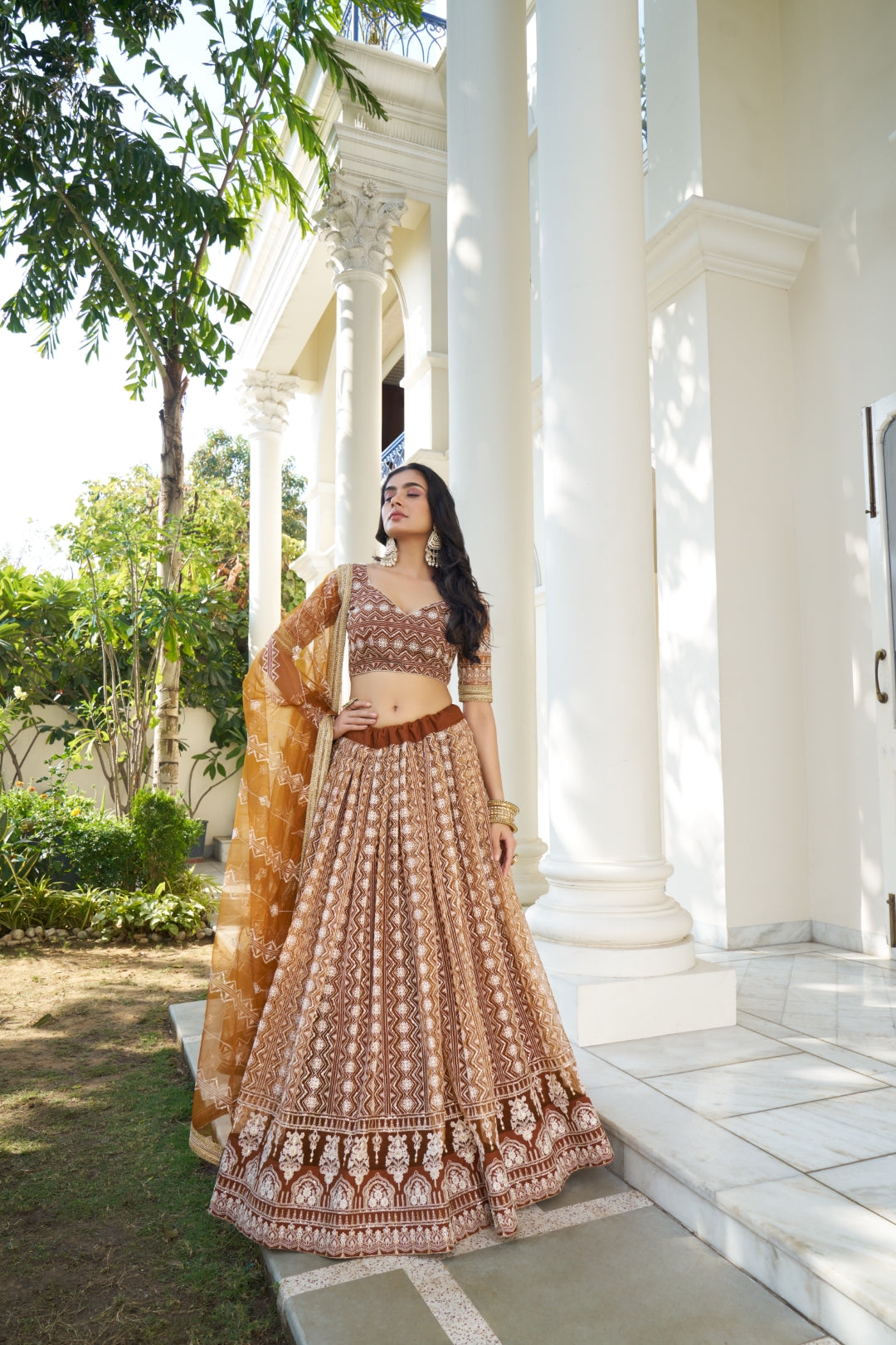 Brown Elegant Butterfly Net Lehenga with Intricate Embroidery Main image