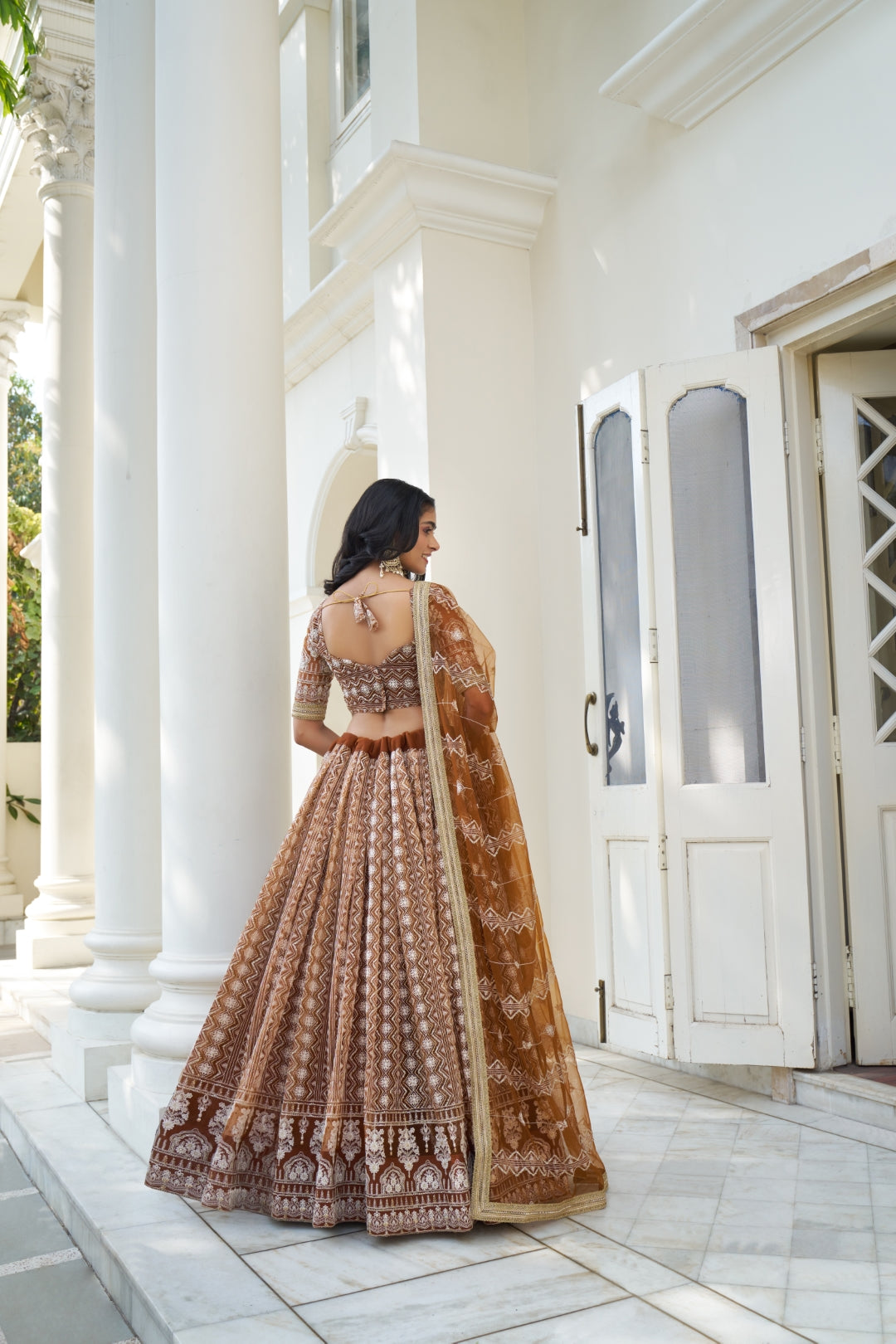 Brown Elegant Butterfly Net Lehenga with Intricate Embroidery