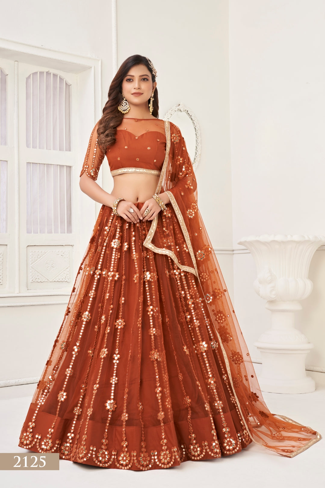 Brown Elegant Butterfly Net Lehenga with Tone-to-Tone Mirror Work Embroidery Main image