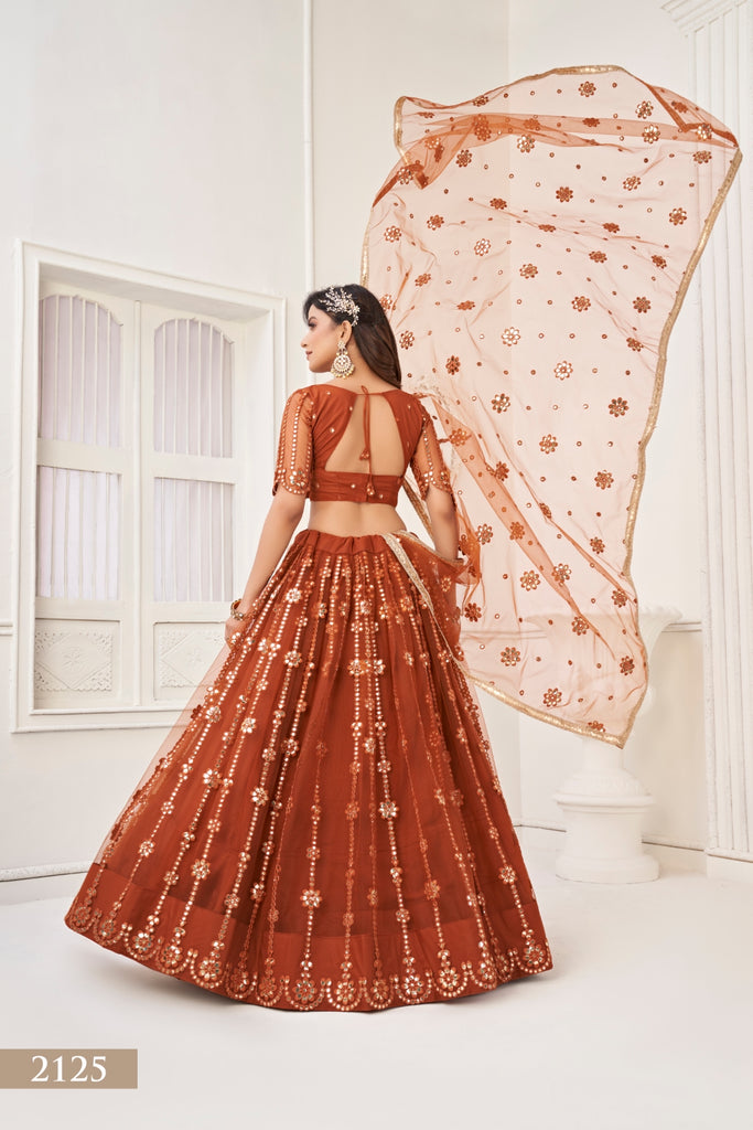 Brown Elegant Butterfly Net Lehenga with Tone-to-Tone Mirror Work Embroidery