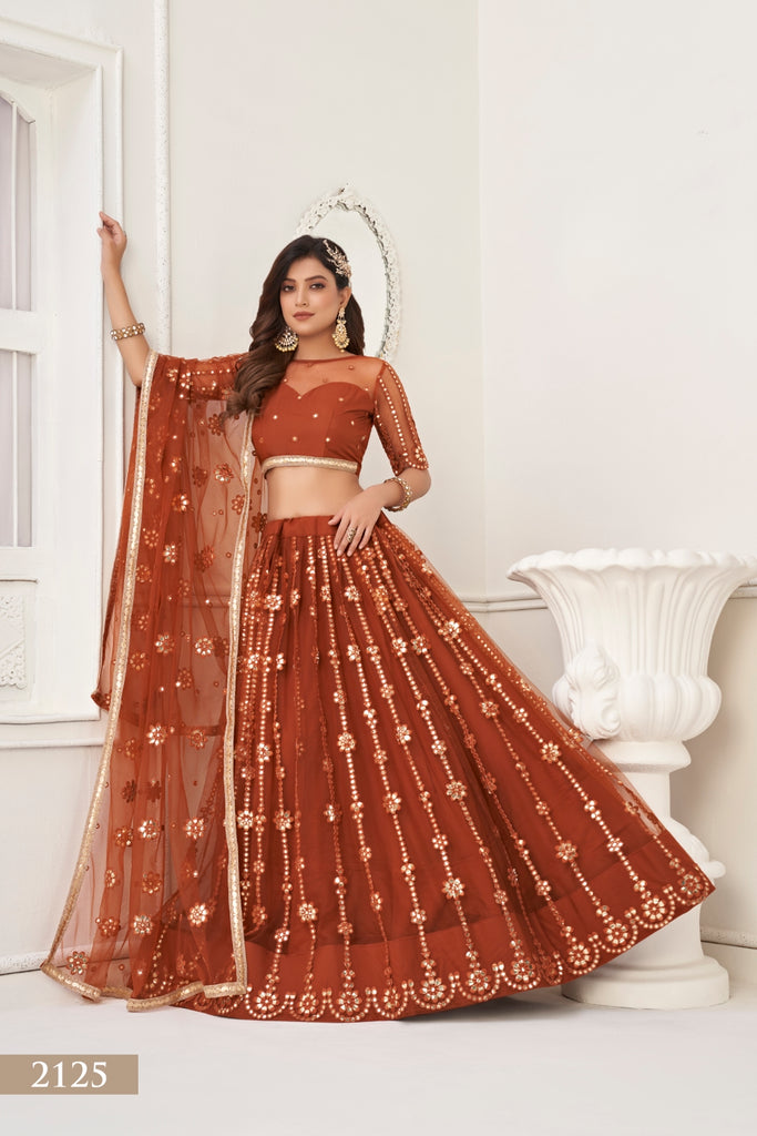 Brown Elegant Butterfly Net Lehenga with Tone-to-Tone Mirror Work Embroidery